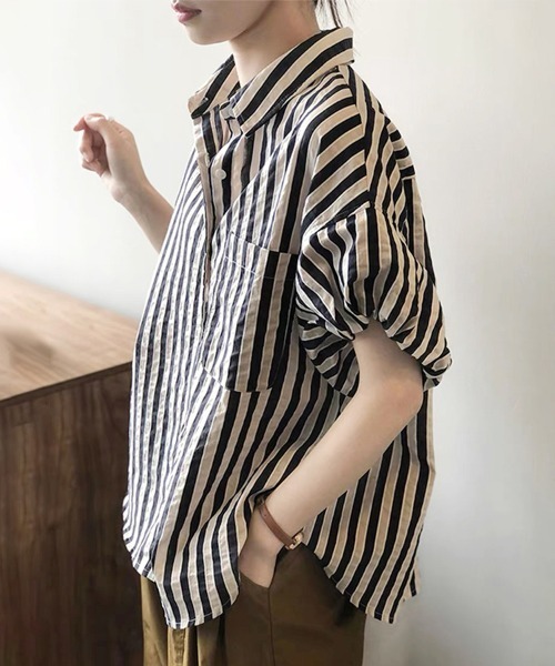 ブラウス シャツ ストライプ 半袖 ブラウス レディース Girly Doll ブラウス シャツ ストライプ半袖シャツ レディース