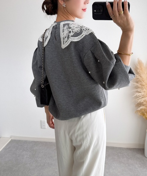 ロージーモンスター レースドッキング スウェット スカラップ襟 グレー