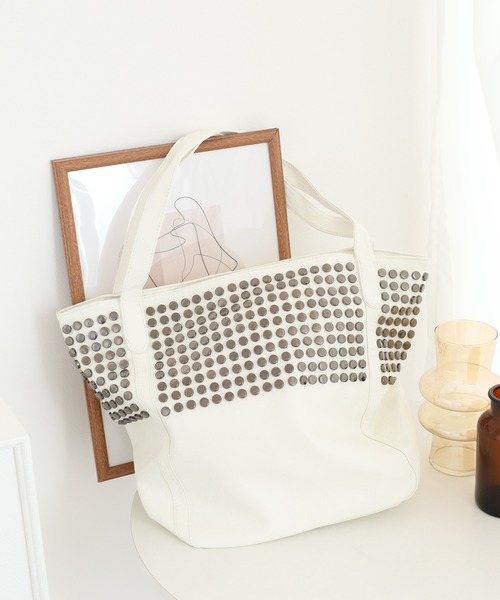 トートバッグ ボタン風スタッズデザインレザートートバッグ レディース