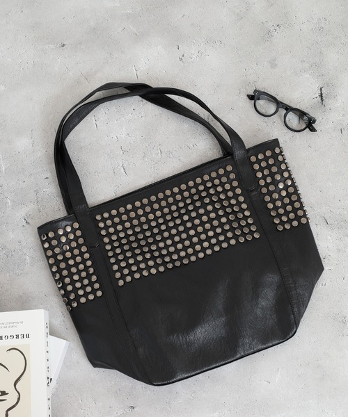 トートバッグ ボタン風スタッズデザインレザートートバッグ レディース