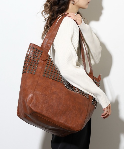 トートバッグ ボタン風スタッズデザインレザートートバッグ レディース