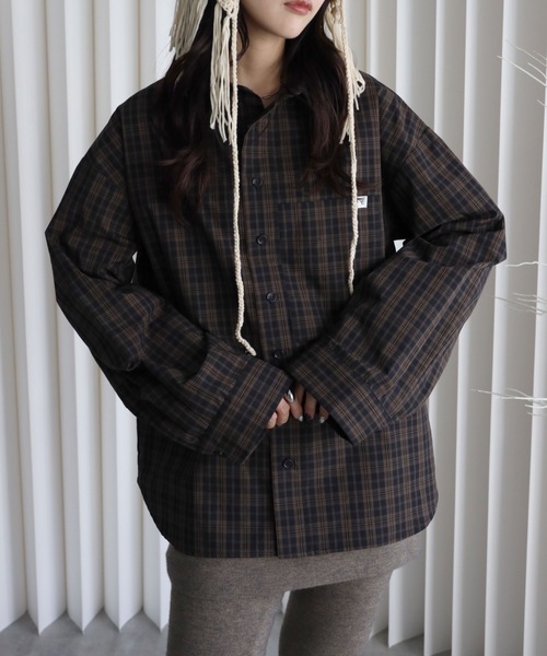 YENNA ブラウス シャツ 「チェックオーバーシャツ」ワイドスリーブ