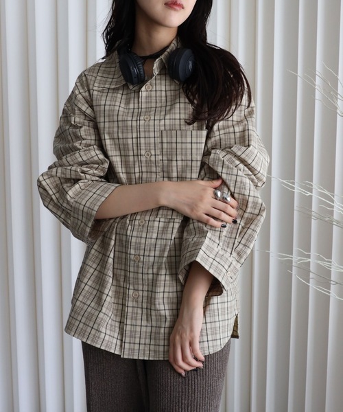 YENNA ブラウス シャツ 「チェックオーバーシャツ」ワイドスリーブ