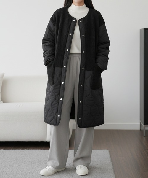 ノーカラーコート コート ボアキルティングコート レディース