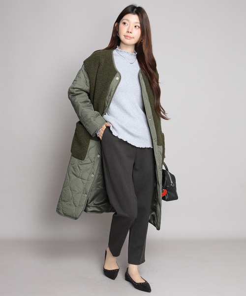 ノーカラーコート コート ボアキルティングコート レディース