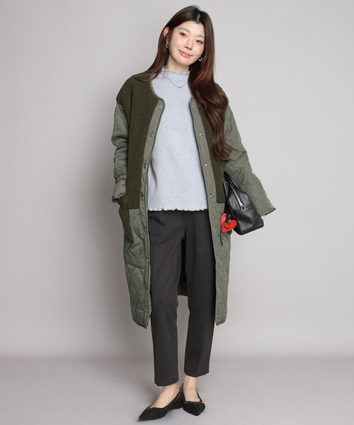 ノーカラーコート コート ボアキルティングコート レディース