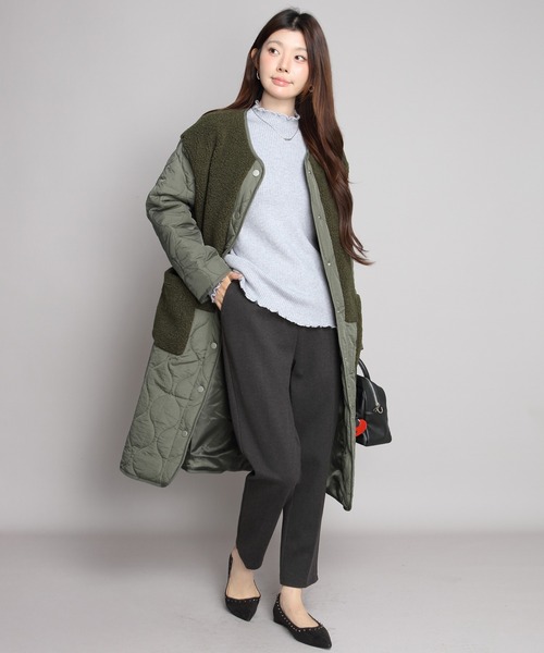 ノーカラーコート コート ボアキルティングコート レディース