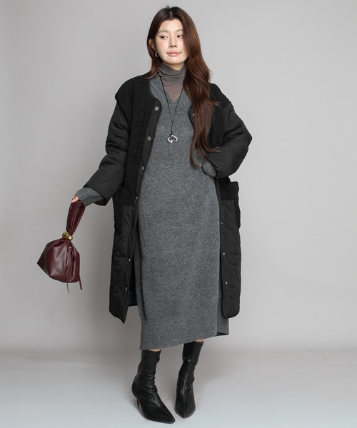 ノーカラーコート コート ボアキルティングコート レディース