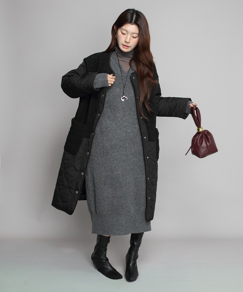 ノーカラーコート コート ボアキルティングコート レディース