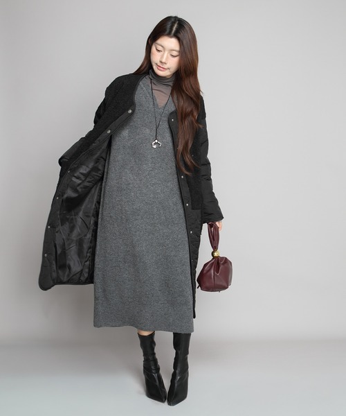 ノーカラーコート コート ボアキルティングコート レディース