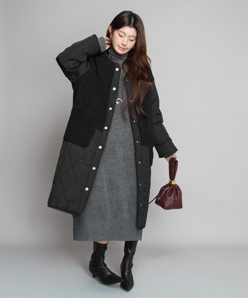 ノーカラーコート コート ボアキルティングコート レディース