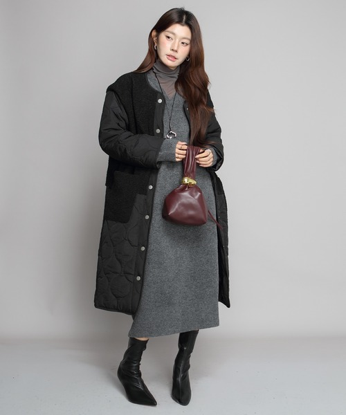 ノーカラーコート コート ボアキルティングコート レディース