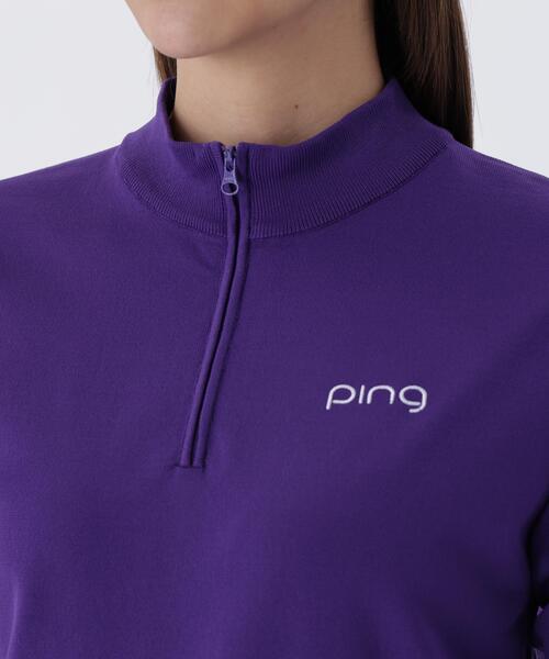 【グレー】ハーフジップ袖ロゴジャカードニット <LADIES LINE> (LADIES) PING（ピン） ニット セーター 「PING APPAREL」ハーフジップ袖ロゴ