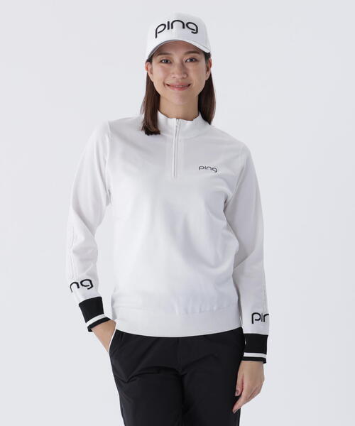 【グレー】ハーフジップ袖ロゴジャカードニット <LADIES LINE> (LADIES) PING（ピン） ニット セーター 「PING APPAREL」ハーフジップ袖ロゴ