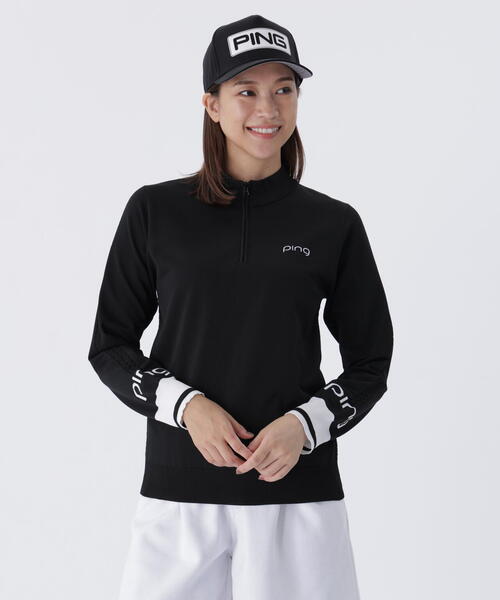 【グレー】ハーフジップ袖ロゴジャカードニット <LADIES LINE> (LADIES) PING（ピン） ニット セーター 「PING APPAREL」ハーフジップ袖ロゴ