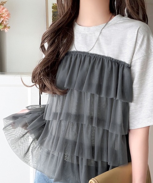 Bibiy.チュール切り替え 半袖Tシャツ グレー ブラックサンプル品 classicalelf（クラシカルエルフ） tシャツ 半袖 重ねてる風、が今っ