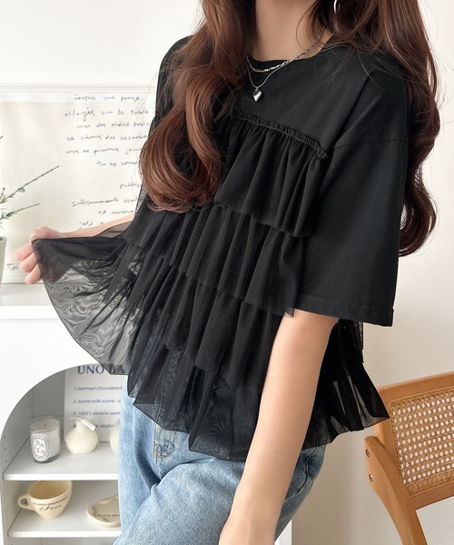 MUVEIL Lサイズ　チュールフリル 半袖Tシャツ ネイビー classicalelf（クラシカルエルフ） tシャツ 半袖 重ねてる風、が今っ