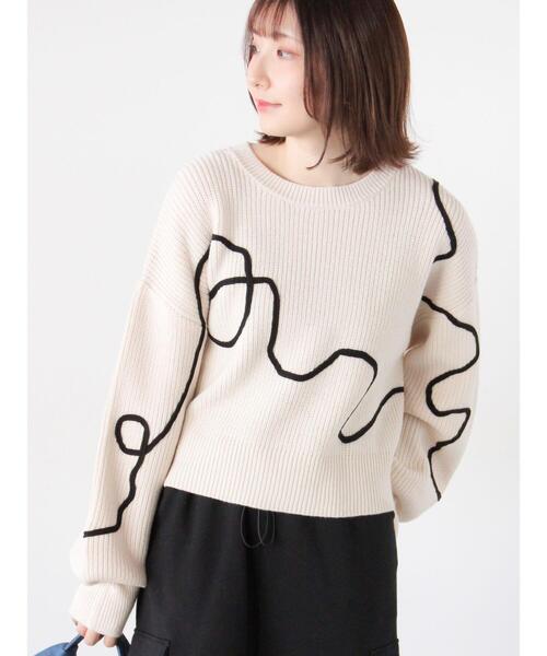 新品◆Black&White 刺繍 フラッグ デザインニット オフホワイト L Te chichi TERRASSE ニット セーター 畦編みコード刺繍ニットプル