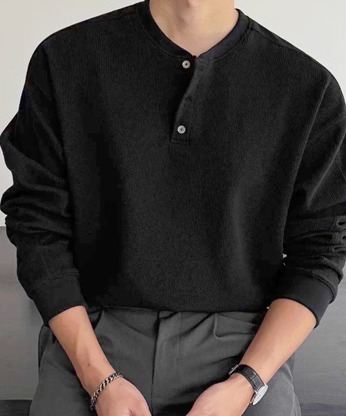 ダブルアールエル ヘンリーネック サーマルニット 長袖Tシャツ チャコール S NOWLE（ノウル） tシャツ 「NOWLE」3ボタン ヘンリーネック リブ ロンT
