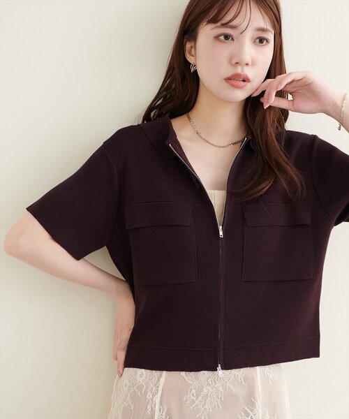 natural couture カーディガン 半袖 衿付き半袖ZIPカーディガン