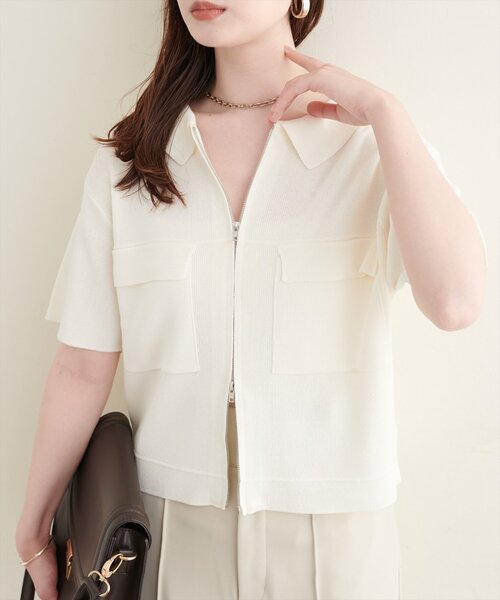 natural couture カーディガン 半袖 衿付き半袖ZIPカーディガン