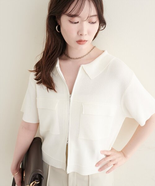 natural couture カーディガン 半袖 衿付き半袖ZIPカーディガン
