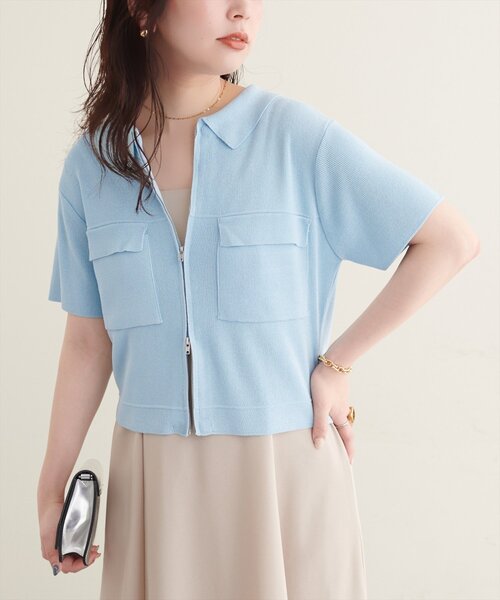 natural couture カーディガン 半袖 衿付き半袖ZIPカーディガン