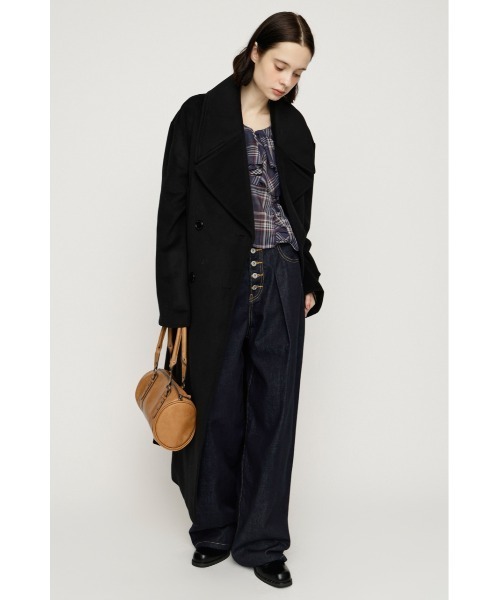 レディースコート　　黒地にベージュドット柄　￼都会派　Ｍ〜Ｌ　美品 SLY（スライ） ステンカラーコート コート BIG COLLAR DOUBLE LONG