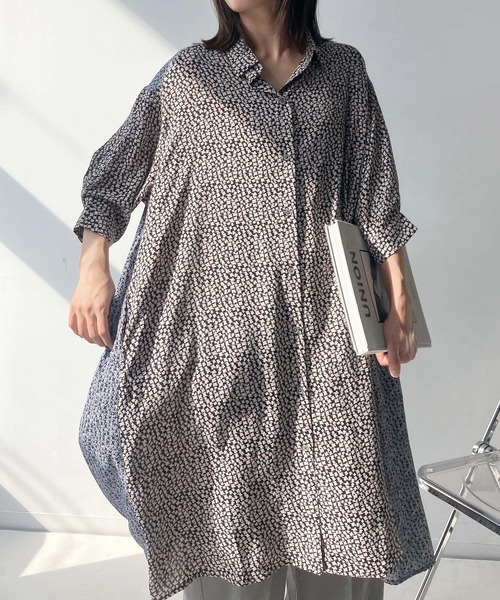 AS KNOW シャツワンピース 異素材合わせて7分袖シャツワンピース