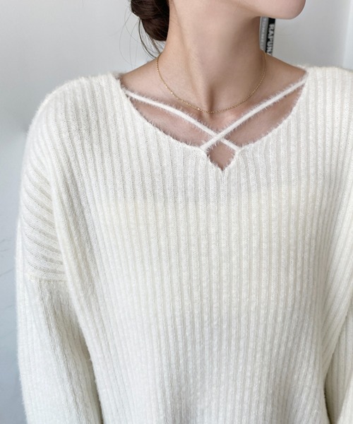 ニット セーター クロスネックシャギーニットプルオーバー レディース