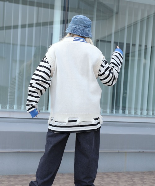 ベスト ジレ HOOK -original- 傷だらけのアシンメトリーニットベスト