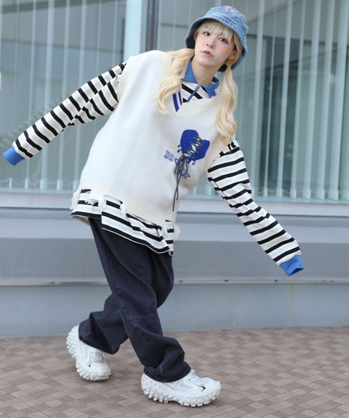 ベスト ジレ HOOK -original- 傷だらけのアシンメトリーニットベスト