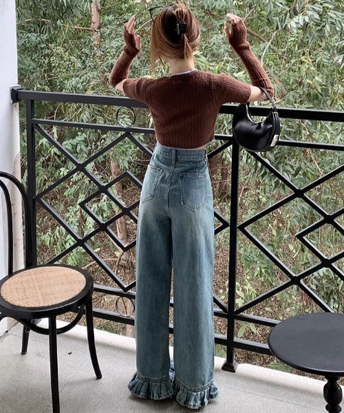 フリルデザイン グリーン LACーVERT ジーンズ デニム デニムパンツ フリルデザインデニム