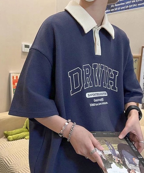 メンズバイカラーワッフルポロTシャツ半袖ストリート aimoha Men's 】韓国系ワッフルオープンカラーポロシャツ