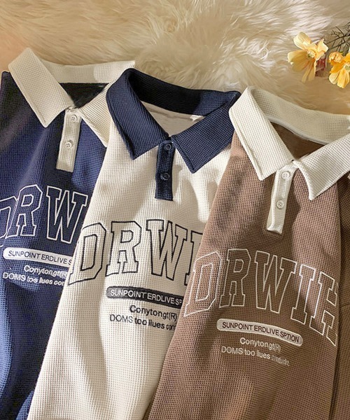 メンズバイカラーワッフルポロTシャツ半袖ストリート aimoha Men's 】韓国系ワッフルオープンカラーポロシャツ