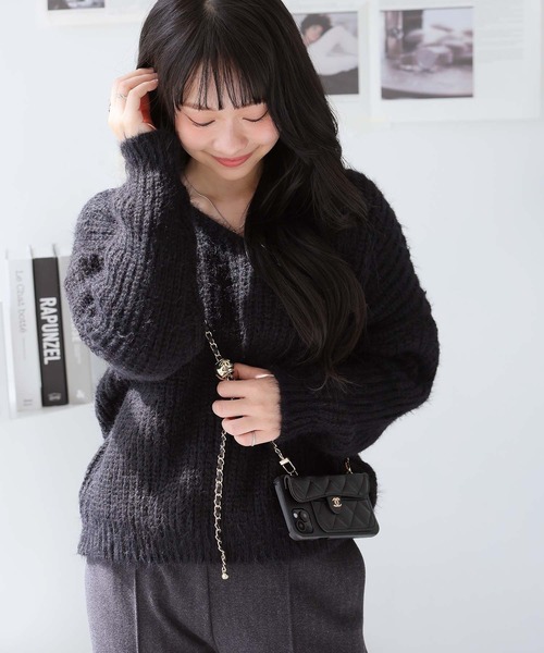 Plage シャギーVネックニット 黒 Plage シャギーVネックニット 黒 natural couture ニット セーター V