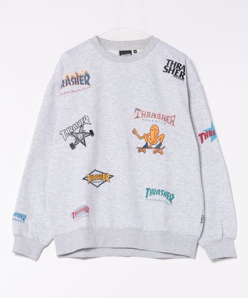 トレーナー スウェット 「THRASHER/スラッシャー」裏起毛バック刺繍 総柄プリントスウェットプルオーバー メンズ レディース