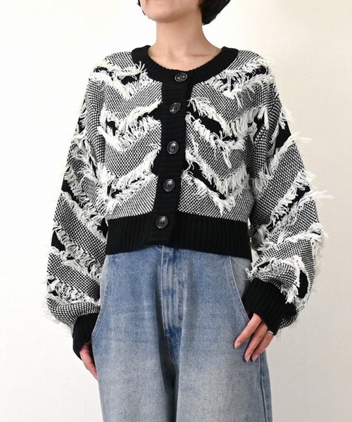 カーディガン Aバルキーフリンジジャガード2WAYカーディガン レディース