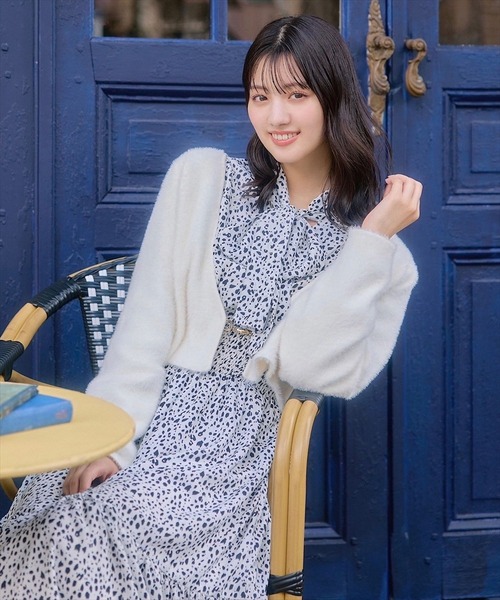 ワンピース ダルメシアン柄フリルスリーブボウタイワンピース  