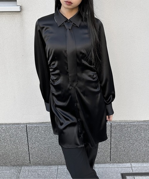 ブラウス シャツ 「LVEU.」ネクタイセットシャーリングシャツワンピース / ワンピース ワンピ ミニ シャーリング サテン ネクタイ チェーン モ LVEU. ブラウス シャツ 「LVEU.」ネクタイセットシャーリング