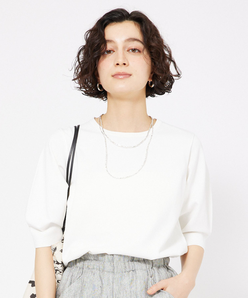 tシャツ レーヨンストレッチボートネックニット/オフィスカジュアル/夏服/サマーニット レディース