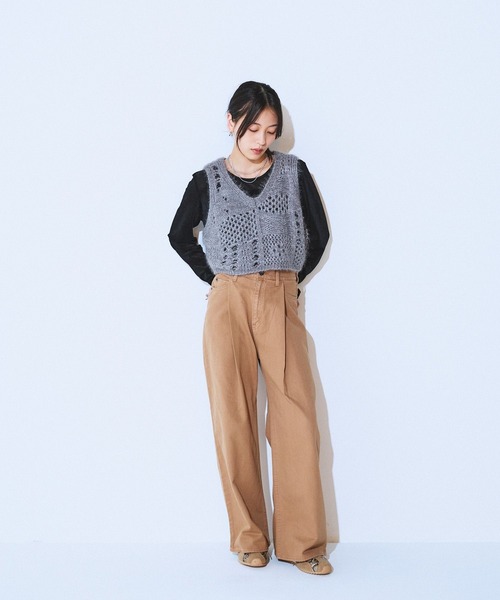 カラータックデニムワイドパンツ　ジーナシス　今季新作　M カラータックデニムワイドパンツ ジーナシス 今季新作 M
