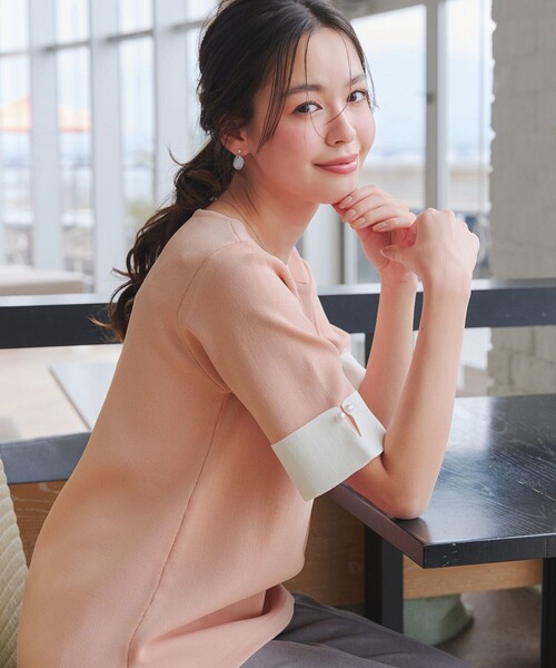 ブラウス シャツ 「大きいサイズ」配色カフスニットトップス レディース