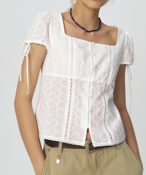 ブラウス シャツ KUME/クメ Lace Embroiered Puff Sleeves Blouse ブラウス レディース