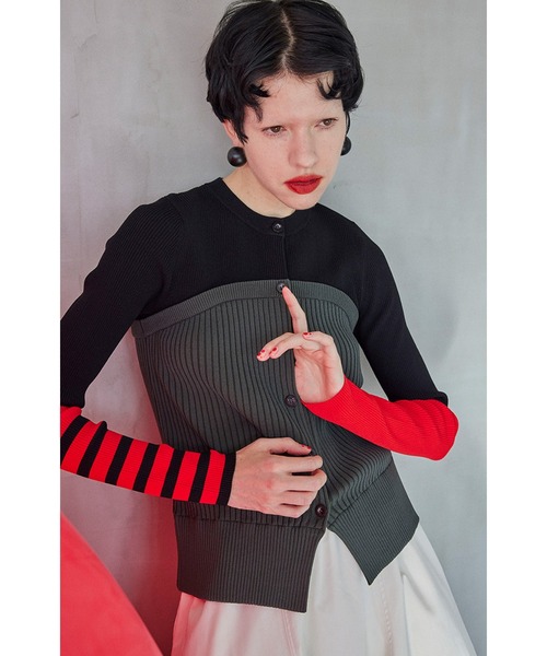 OMMO カーディガン BUSTIER DOCKING BORDER KNIT CD レディース