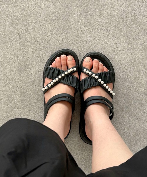 サンダル 夏 パール付き フラット 厚底 ギャザー EVAサンダル