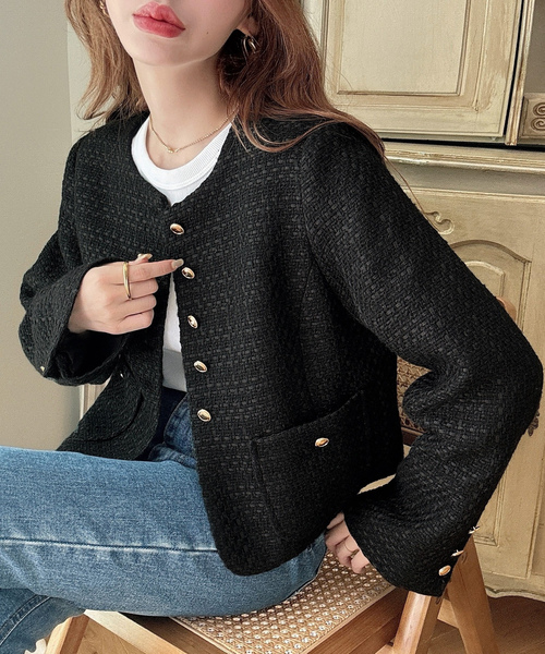 ブラック ノーカラージャケット　meri ブラック ノーカラージャケット meri ブラック ノーカラージャケット