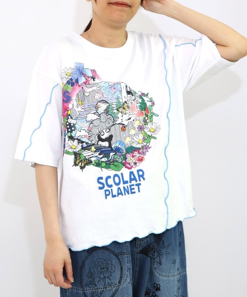 Tシャツ ScoLar スカラー 152706 スカラープラネット柄 メロウステッチ切替Tシャツ トップス カジュアル ガーリー 原宿系 個性的 ポイント 152706：スカラープラネット柄 メロウステッチ切替Tシャツの通販