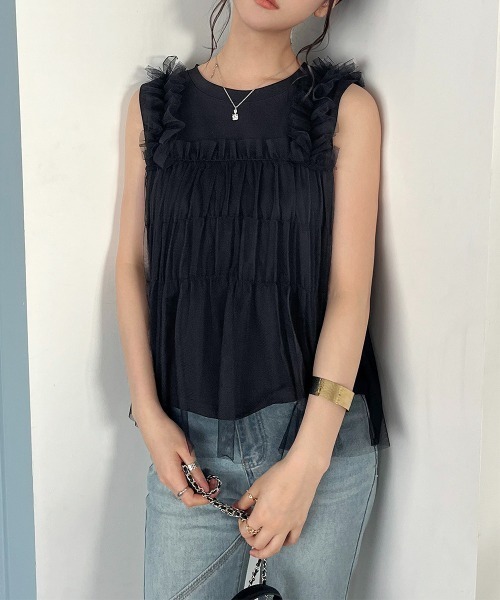 tシャツ チュールドッキングノースリーブトップス レディース