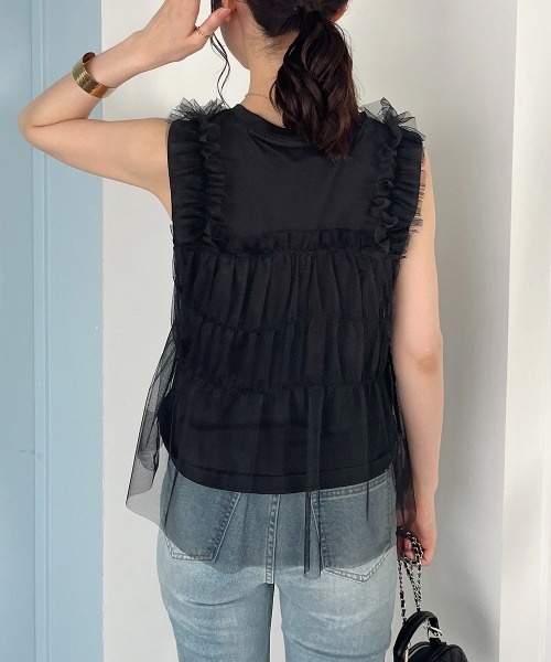 tシャツ チュールドッキングノースリーブトップス レディース